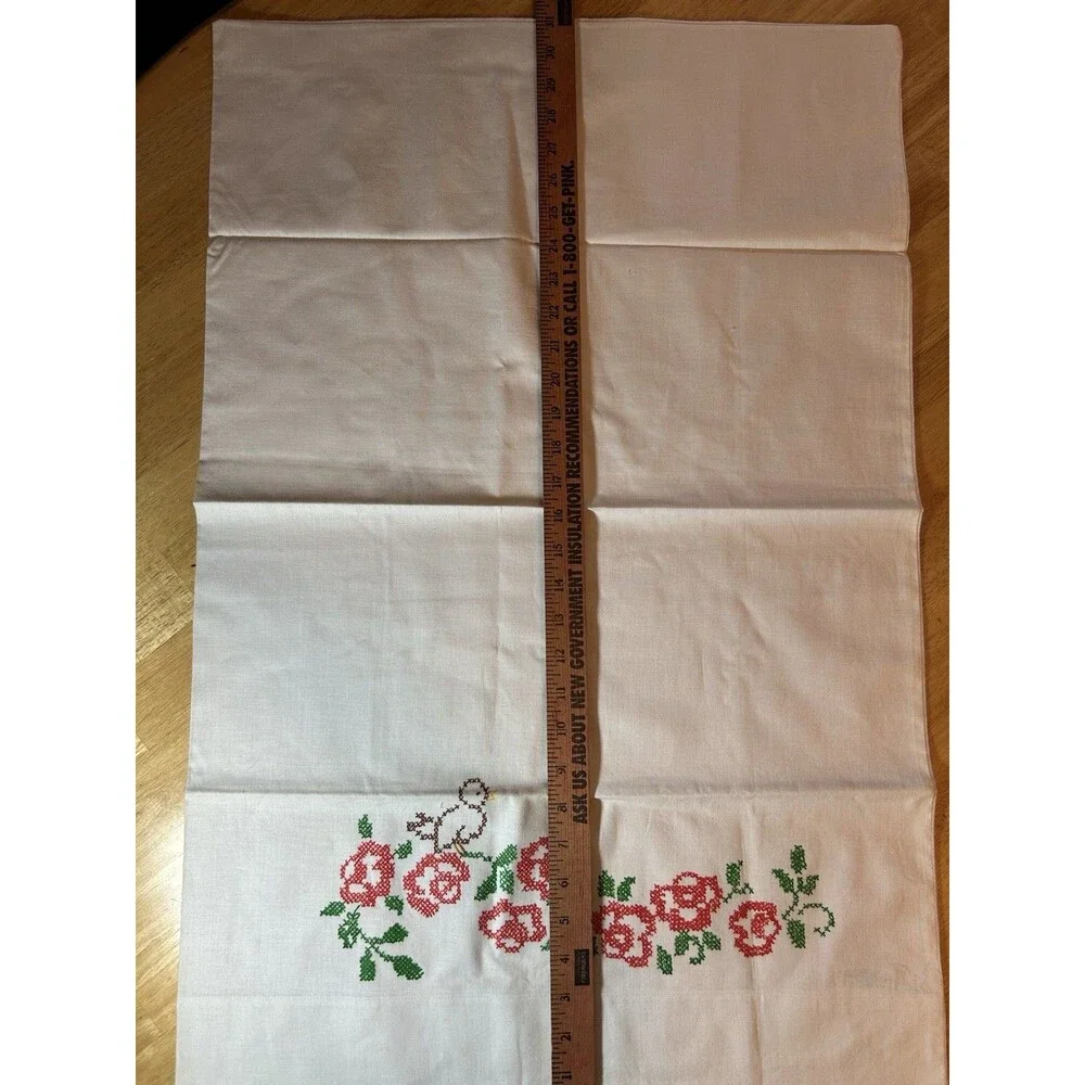 Vintage Cannon Muslin Pillowcases Pair Rose Bird Applique USA Cotton Set 2
